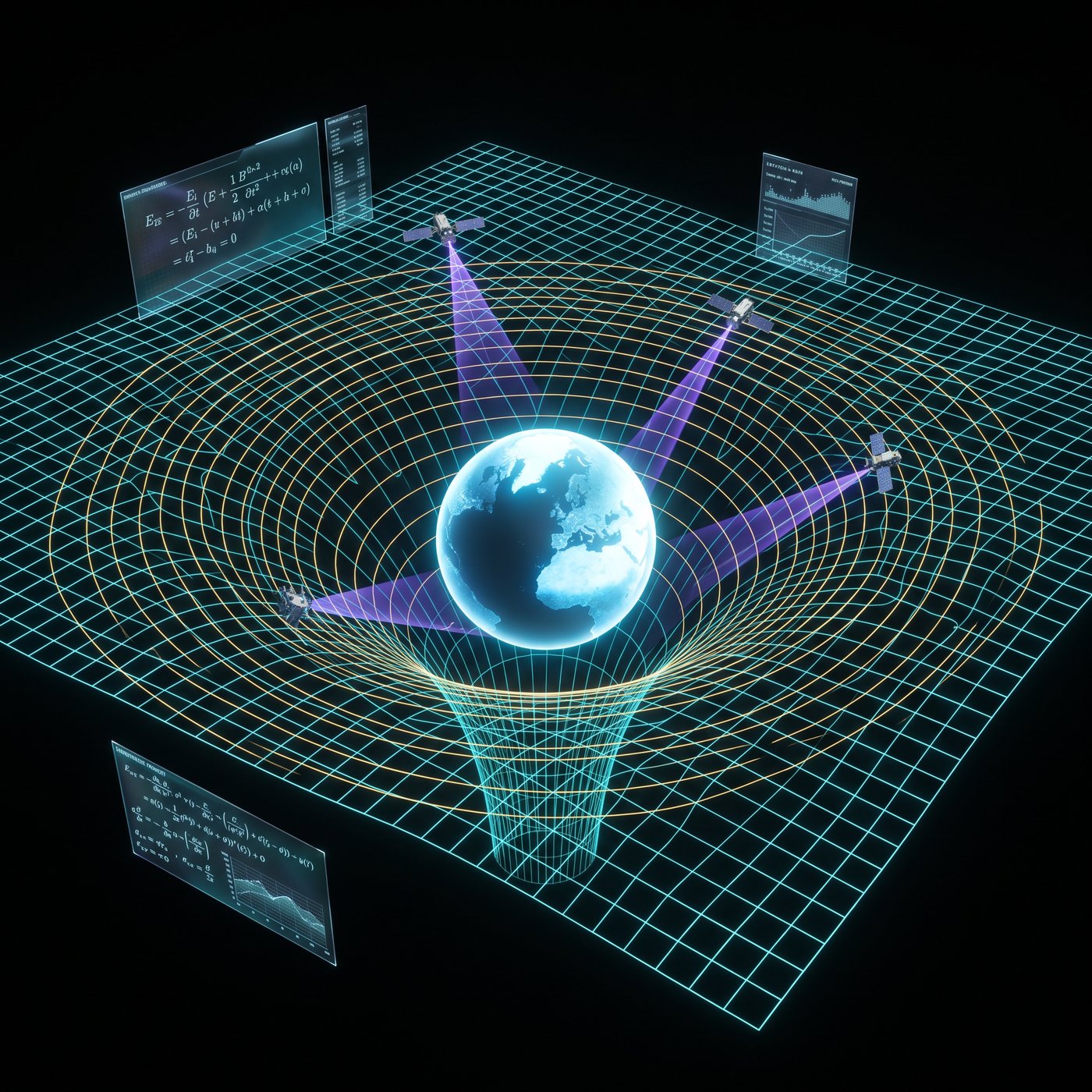 A planet bending a glowing spacetime grid into a gravity well, measured by sensor satellites